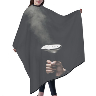 Personality  Close-up Partial View Of Person Holding Garment Steamer With Steam On Black Hair Cutting Cape