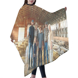 Personality  Portrait Of Happy Caucasian Family Of Three Generations Standing In Shed With Livestock And Smiling. Old Parents With Children And Grandchildren In Stable. Farmers With Kids At Farm. Zooming Out. Hair Cutting Cape