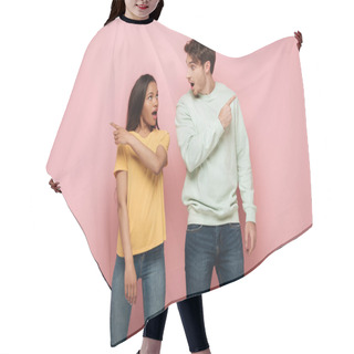 Personality  Shocked Interracial Couple Looking At Each Other And Pointing Away With Fingers On Pink Background Hair Cutting Cape
