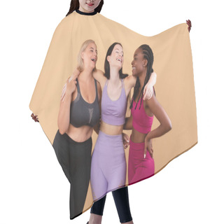 Personality  Fitness For Everybody. Happy Multiracial Women In Sportrswear Embracing And Laughing Hair Cutting Cape