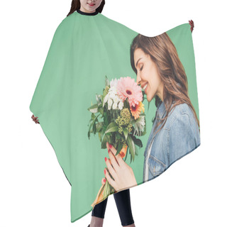Personality  Smiling Woman Holding And Sniffing Flower Bouquet Isolated On Green Hair Cutting Cape
