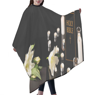 Personality  Lily, Candles And Holy Bible On Black Background, Funeral Concept, Banner Hair Cutting Cape