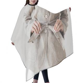 Personality  Cropped Image Of Woman Holding Belt Of Linen Jacket Isolated On Grey Background  Hair Cutting Cape