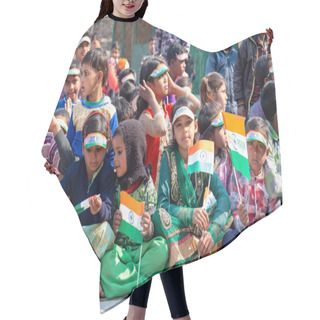 Personality  NOIDA, UTTAR PRADESH / INDIA - JANUARY 2020 : Young Indian Students From Slum/Village Area Celebrating Indian Republic Day Function At School With Flags In Hand Hair Cutting Cape