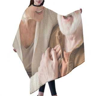 Personality  Cropped View Of Laughing Senior Couple Holding Hands, Selective Focus Hair Cutting Cape