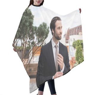Personality  Bearded Groom Adjusting Sleeve Of Shirt On Terrace  Hair Cutting Cape