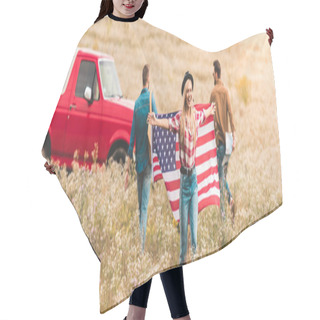 Personality  Group Of Young Friends With United States Flag In Flower Field During Road Trip Hair Cutting Cape