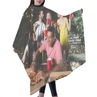 Personality  African American Man Taking Pizza Near Smiling Friends And Beer Outdoors  Hair Cutting Cape