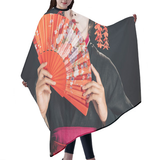 Personality  Partial View Of Beautiful Geisha In Black Kimono With Red Flowers In Hair Holding Traditional Hand Fan Isolated On Black Hair Cutting Cape