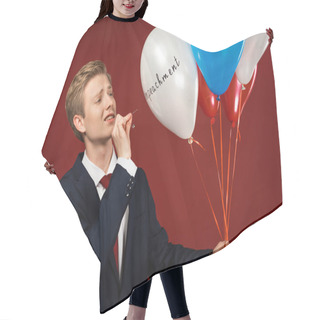 Personality  Emotional Man Bursting Balloons With Impeachment Lettering On Red Background Hair Cutting Cape