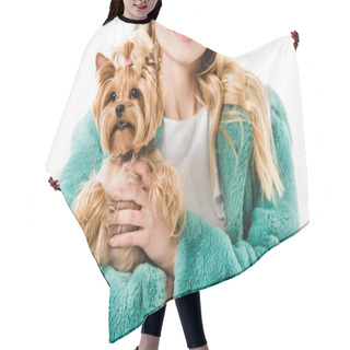 Personality  Young Fashionable Girl Holding Cute Dog Isolated On White Hair Cutting Cape