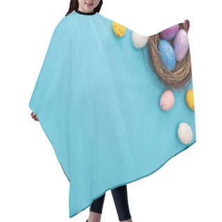 Personality  Top View Of Colorful Chicken And Quail Eggs With Nest On Blue Background Hair Cutting Cape