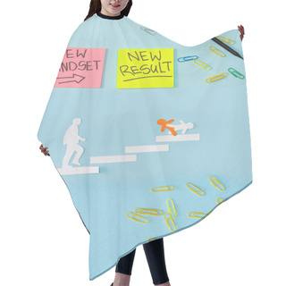 Personality  Top View Of Sticky Notes With New Mindset And New Result Lettering With Paper Clips, Pencil And Decorative Men On Career Ladder On Blue  Hair Cutting Cape