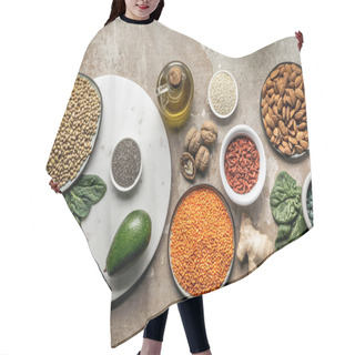 Personality  Top View Of Superfoods, Legumes And Healthy Ingredients On Rustic Background Hair Cutting Cape