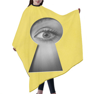 Personality  Hidden Secrets. Female Eye Attentively Looking Into Keyhole Against Yellow Background. Contemporary Art Collage. Conceptual Design. Concept Of Creativity, Abstract Art, Imagination And Inspiration. Hair Cutting Cape