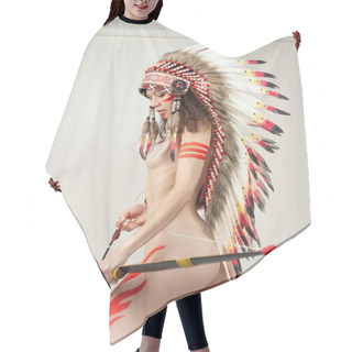 Personality  Naked Woman In Native American Costume With Feathers Hair Cutting Cape