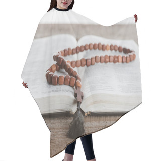 Personality  Close-up Shot Of Holy Bible With Beads On Wooden Table Hair Cutting Cape