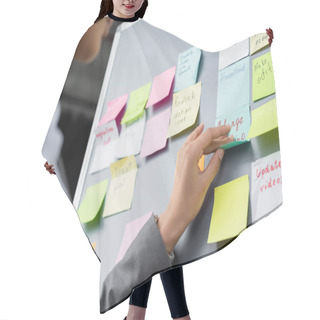 Personality  Cropped View Of African American Businesswoman Applying Sticky Note On Board Hair Cutting Cape