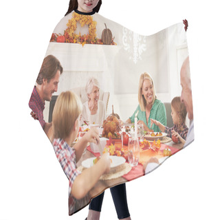 Personality  Family Enjoying Thanksgiving Meal At Table Hair Cutting Cape