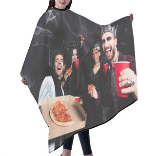 Personality  Excited Man In Halloween Makeup Showing Pizza Near Happy Multiethnic Friends On Black Hair Cutting Cape
