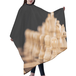 Personality  Selective Focus Of Beige And Brown Wooden Chessboard With Chess Figures Isolated On Black  Hair Cutting Cape