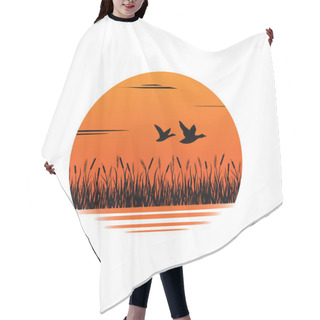 Personality  Sunset. Reeds, Sedge. Ducks And Geese Are Flying. Vector Logo, Emblem. Hair Cutting Cape