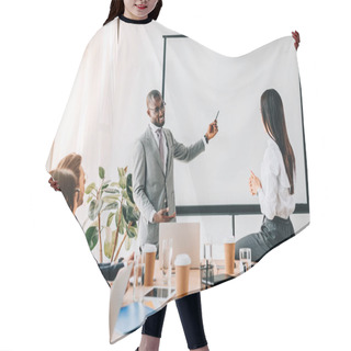 Personality  Multicultural Business People Having Business Meeting In Office Hair Cutting Cape