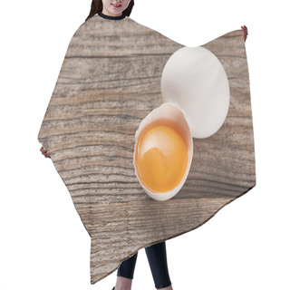 Personality  Broken Eggshell With Yellow Yolk Near Egg On Wooden Table Hair Cutting Cape