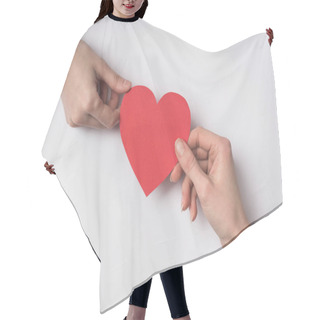 Personality  Cropped View Of Women Holding Red Heart On White Background Hair Cutting Cape