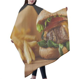 Personality  Selective Focus Of Delicious Burger With Meat And French Fries On Wooden Surface Hair Cutting Cape