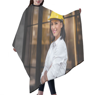 Personality  Portrait Of A Confident Construction Engineer Woman. Smiling And Looking At Camera. Standing In Front Of The Modern Office Building Hair Cutting Cape