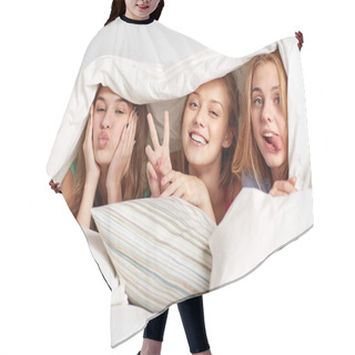 Personality  Happy Young Women In Bed At Home Pajama Party Hair Cutting Cape