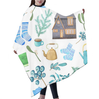 Personality  Cozy Winter Pattern Painted In Watercolor. Seamless Print With House, Winter Botany, Teapot With Cups, Books And Cute Socks. Hair Cutting Cape
