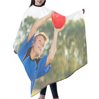 Personality  Young Boy Catching Red Ball Outdoors. Hair Cutting Cape