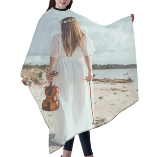 Personality  Back View Of Girl In Elegant White Dress Holding Violin On Seashore Hair Cutting Cape
