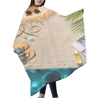 Personality  Top View Of Various Accessories And Magazine On Sandy Beach Hair Cutting Cape