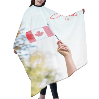 Personality  Happy Canada Day Card With Text. Closeup Of Woman Human Hand Arm Waving Canadian Flag Against Blue Sky. Proud Citizen Man Celebrating National Canada Day On 1st Of July Outdoor.  Hair Cutting Cape