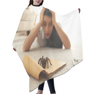 Personality  Young Woman And Tarantula On Carpet. Arachnophobia (fear Of Spiders) Hair Cutting Cape