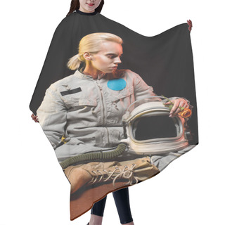 Personality  Beautiful Female Cosmonaut In Spacesuit And Helmet Sitting On Planet Hair Cutting Cape
