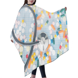 Personality  Elevated View Of Various Colorful Pills And Stethoscope On Blue Checkered Surface Hair Cutting Cape