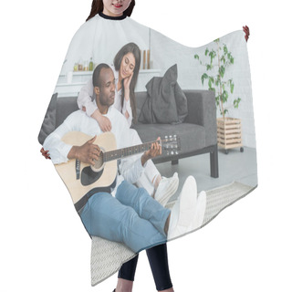 Personality  African American Boyfriend Sitting On Floor And Playing Guitar For Girlfriend At Home Hair Cutting Cape