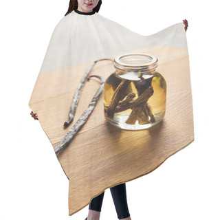 Personality  Glass Bottle Of Essential Oil With Vanilla Pods On Wooden Cutting Board Hair Cutting Cape