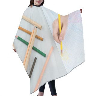 Personality  Cropped View Of Kid Drawing With Yellow Pencil On Paper  Hair Cutting Cape