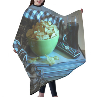 Personality  Chips In Bowl, Cola And TV Remote On Wooden Table On Room Background Hair Cutting Cape