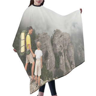 Personality  Backpacker With Little Son In The Foggy Mountains. Hair Cutting Cape