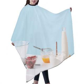 Personality  Various Cooking Utensils And Products On White Kitchen Table Isolated On Blue Hair Cutting Cape