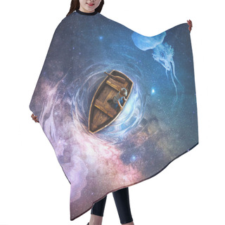 Personality  A Little Boy Is On A Small Wooden Boat On Top Of A Colorful Universe Scene Hair Cutting Cape
