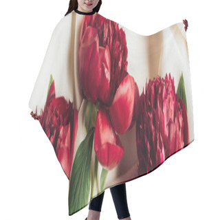 Personality  Top View Of Bouquet Of Red Peonies On White Cloth, Panoramic Shot Hair Cutting Cape