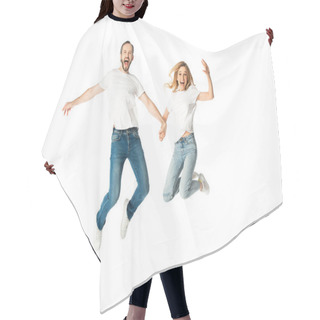 Personality  Happy Adult Couple In White T-shirts Holding Hands While Jumping Isolated On White Hair Cutting Cape