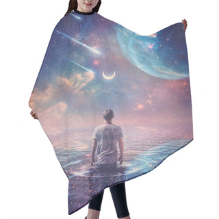 Personality  Wandering In The Ocean Of Space. Wonderful Cosmic Background, Surreal Scene, Starry Night Sky On Another Planet And A Person Walks In The Water Watching The Crescent Moon, Meteor Shower And Nebulas Hair Cutting Cape